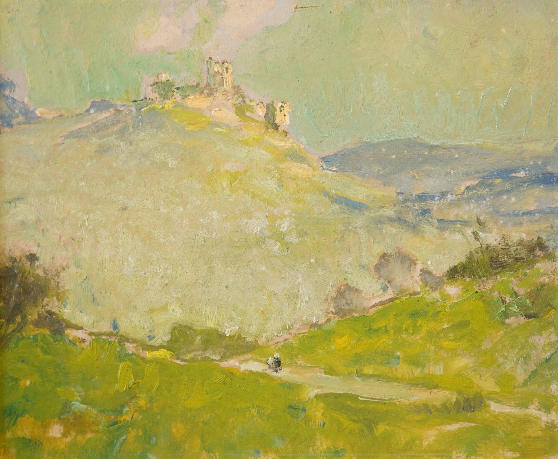 Arthur Spooner (1873-1962), Landscape with castle ruins, unsigned, oil on board, 29 x 35cm, Provenance - Artists summer studio, East coast.